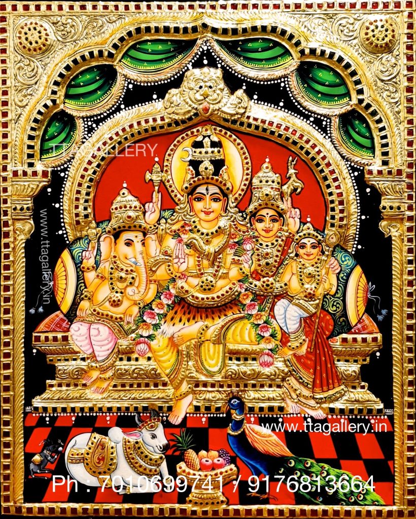 Shiva Family Semi Embossed Tanjore painting