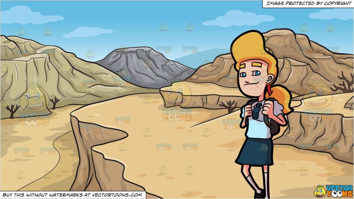 A Female Student Looking Content And Happy While Waiting For Her Ride Home and A Desert Canyon Background