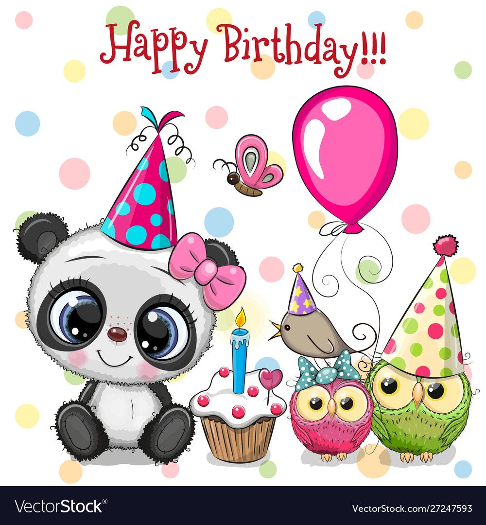 Birthday card with Cute Panda and owls with balloon and bonnets. Download a Free Preview or High Quality Adobe Illustrator Ai, EPS, PDF and High Resolution JPEG versions.