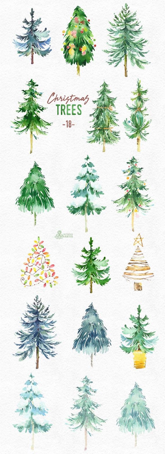 Christmas Trees. 18 Watercolor Holiday Clipart, Conifers, Decorations, Handpainted, Floral, Forest, Invite, Holly, Merry, Green, Greetings