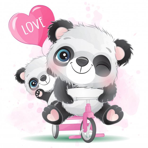 Cute Little Panda Father And Son Riding A Bicycle