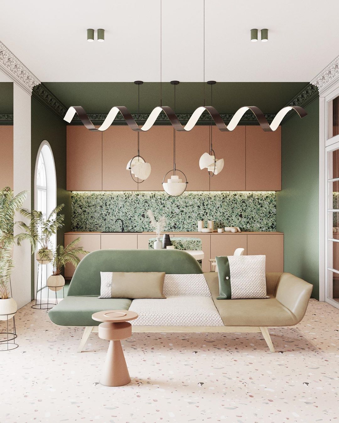 Décor do dia: cozinha com terrazzo verde e armário rosa claro – Casa Vogue | Décor do dia