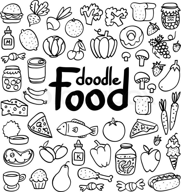Doodle food set of 50 various … | Stock vector | Colourbox