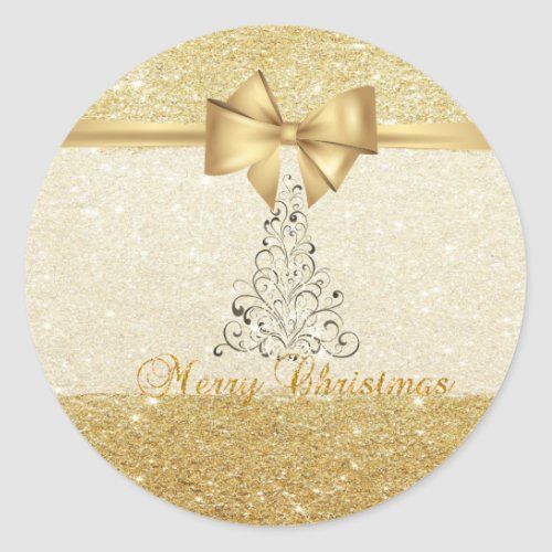 Elegant Christmas Treefaux Gold Bowglittery Classic Round Sticker
