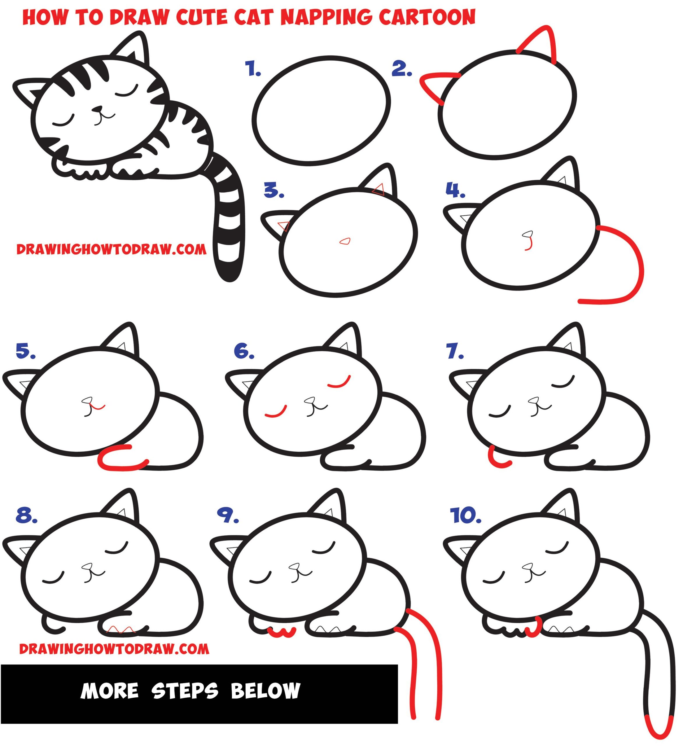 How to Draw a Supercute Kawaii / Cartoon Cat / Kitten Napping Easy Step by Step Drawing Tutorial for Kids – How to Draw Step by Step Drawing Tutorials