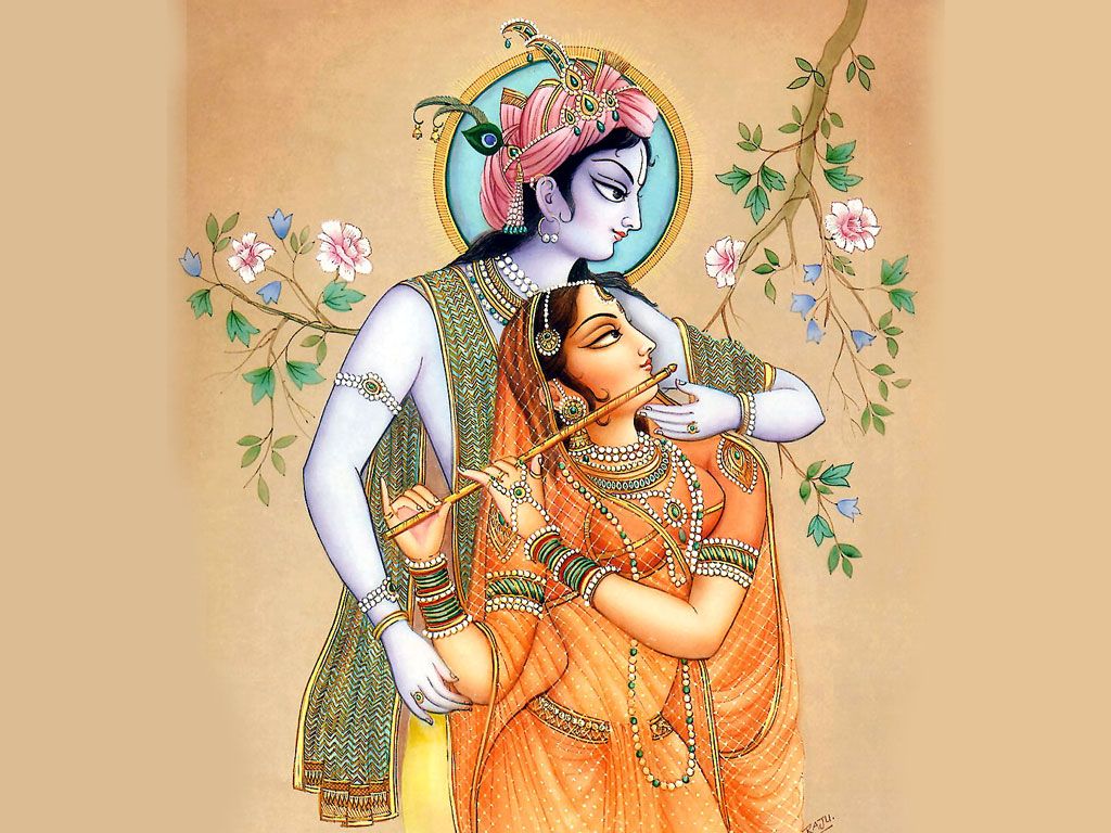 Indian painting : Lord Krishna with his companion Radhe in romantic mood