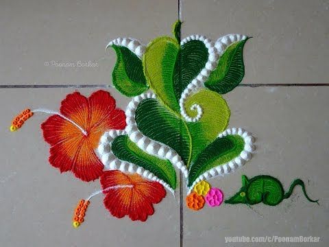 Leaf Ganesha Rangoli With Hibiscus Flowers | Easy Rangoli Designs By Poonam Borkar