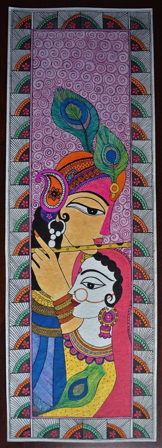 Madhubani painting Goddess radha & Lord krishna on handmade paper