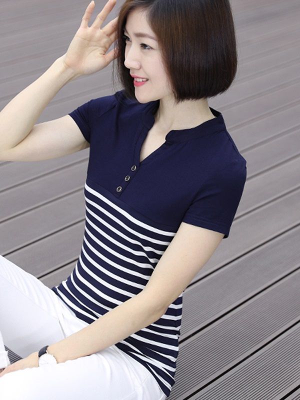 Modal-cotton V-Neck Short sleeve 47.5% cotton Cheap Women T-shirt