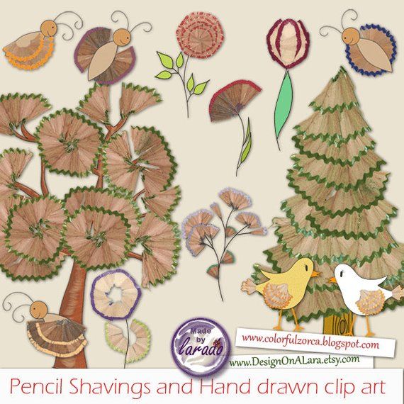 Pencil Shavings And Hand Drawn Clip Art, Forest Trees Clipart, Garden Clipart, Butterfly, Hand Painted Flowers, Pencil Shavings Clipart