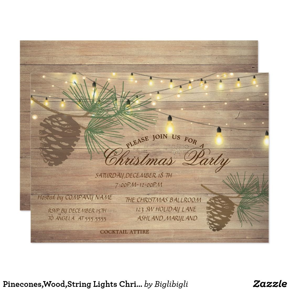 Pinecones,Wood,String Lights Christmas Corporated Invitation