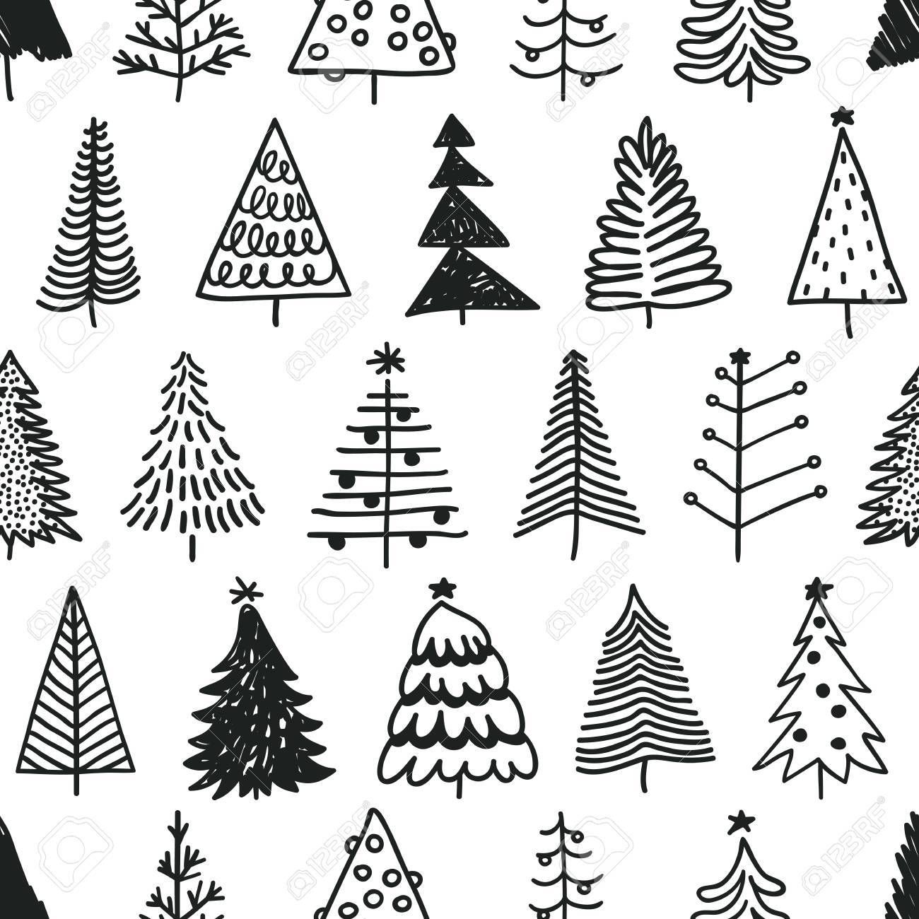 Seamless Pattern With Hand Drawn Christmas Tree Abstract Doodle