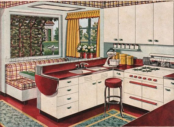 Vintag mid century modern kitchen design illustration digital | Etsy