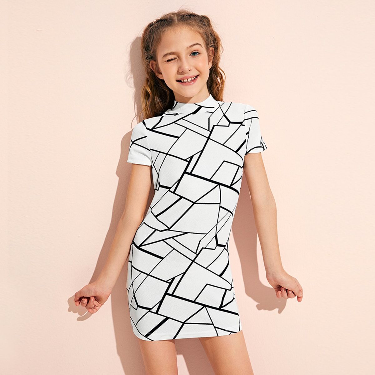 Weiss Lässig  Kurze Ärmel Polyester Geometrisches Muster Anpassend  Leicht-dehnbar Sommer Mäd… #SHEIN #SHEIN Kleider #Kleidung #Mädchen #Kleid