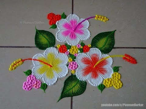 White Hibiscus Flowers Rangoli | Easy Rangoli Designs By Poonam Borkar
