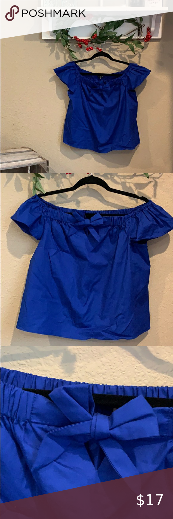 Who What Wear Royal Blue Off The Shoulder Blouse Who What Wear Off The Shoulder Royal Blue Blouse. Ruffle Shoulder Sleeves. Bow Front. Style Ideas: -White Skinny Jeans And Wedges For A Summery Gri...