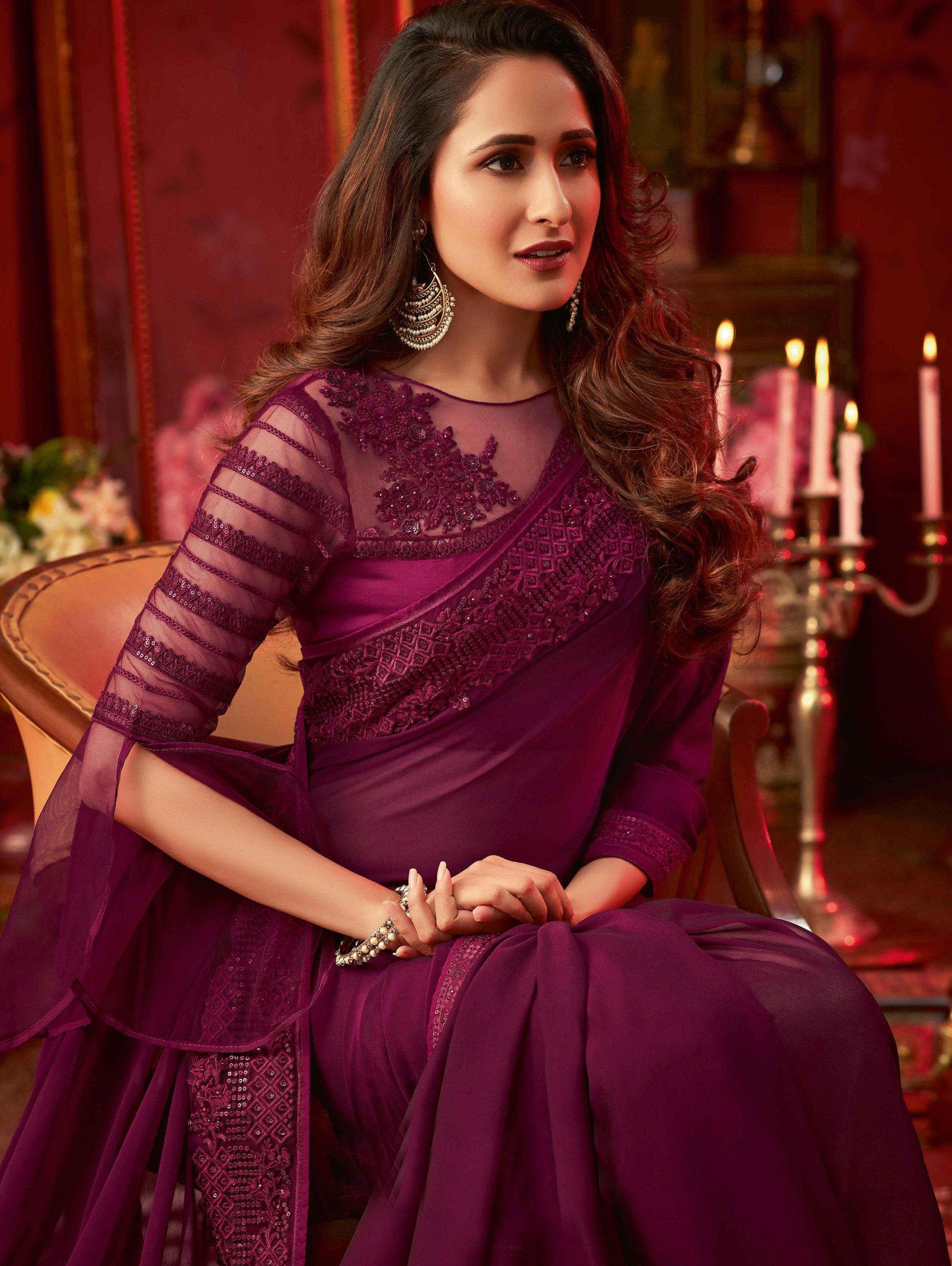 Wine Purple Georgette Plain Saree with Embroidered Border and Designer Blouse