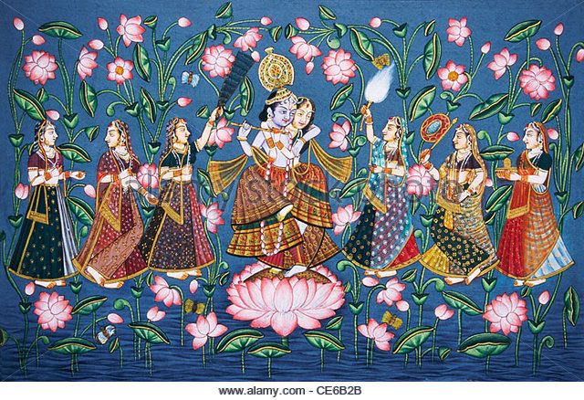 Radha-Krishna-Ras-Leela-Dancing-On-Lotus-Flower-With-Sakhis-Miniature-Ce6B2B.jpg (640×438)