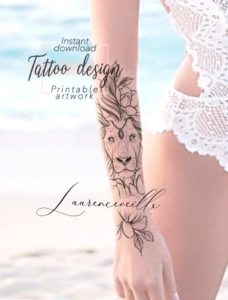 Printable Tattoo Design for Women | Custom thigh tattoo drawing | Feminine floral unique tattoo | printable template | Animal Lion Drawing