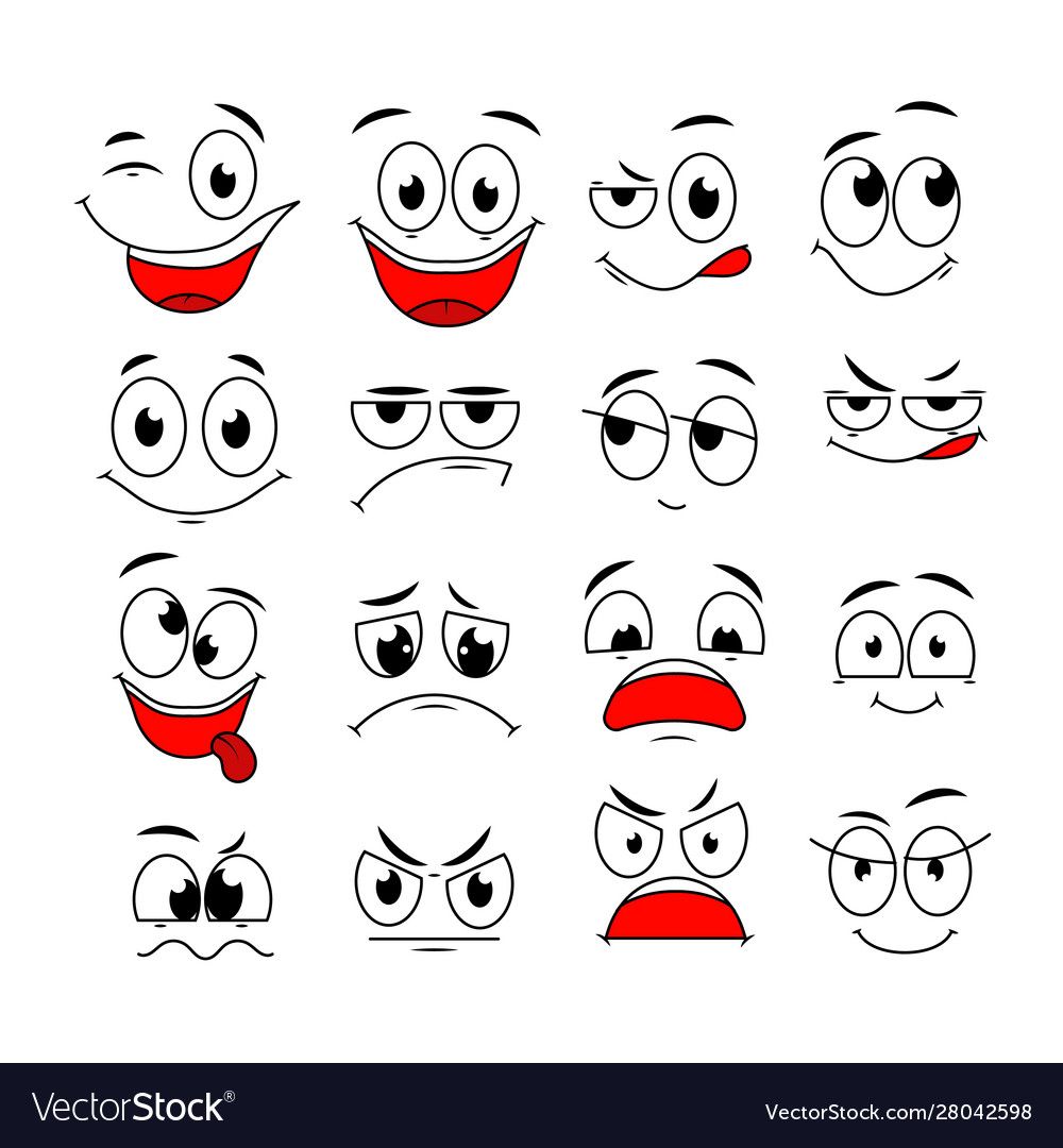 Cartoon expressions. Cute face elements eyes and mouths with happy, sad and angry, disbelief emotions. Caricature vector characters. Angry expression emotion, happy sketch and laugh illustration. Down…