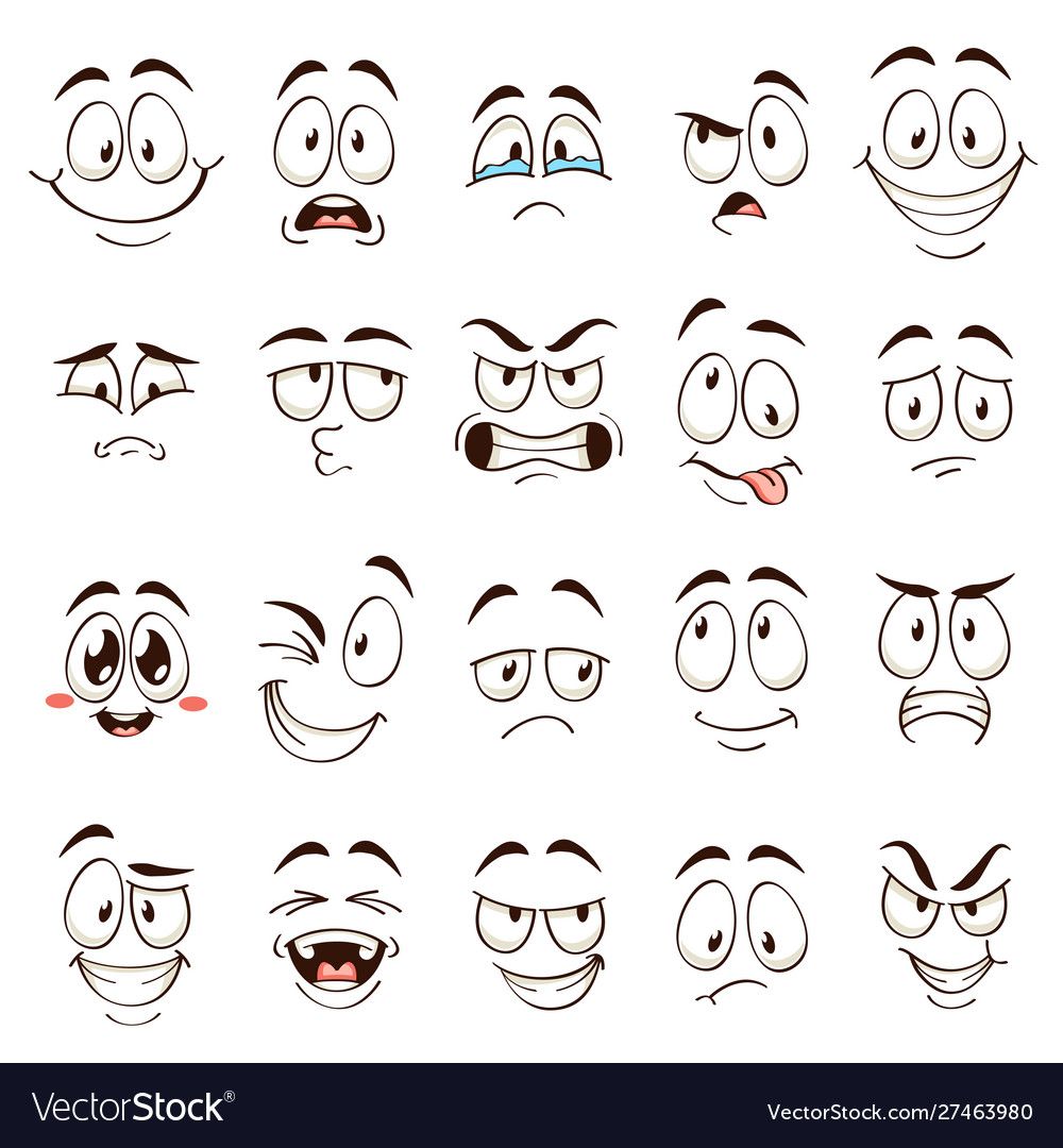 Cartoon Faces. Caricature Comic Emotions With Different Expressions. Expressive Eyes And Mouth, Funny Flat Vector Characters Angry And Confused Emoticons Set. Download A Free Preview Or High Quality A...