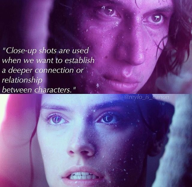 Commentary on the way Rey and Kylo were filmed, “Close up shots are used when we want to establish a deeper connection or relationship between characters.” Tinted intense photos of Kylo and Rey.