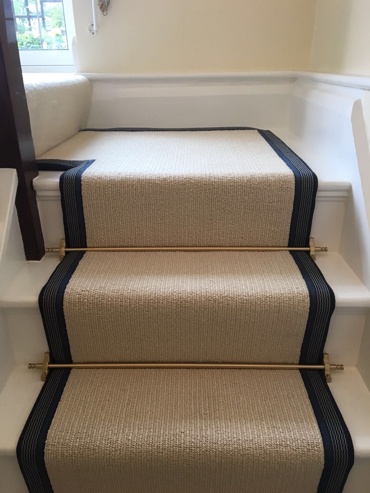 Cream Striped Carpet Stair Runner With Blue Taping