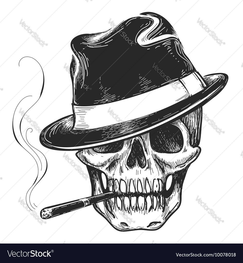 Gangster Skull Tattoo Death Head With Cigar And Hat Vector