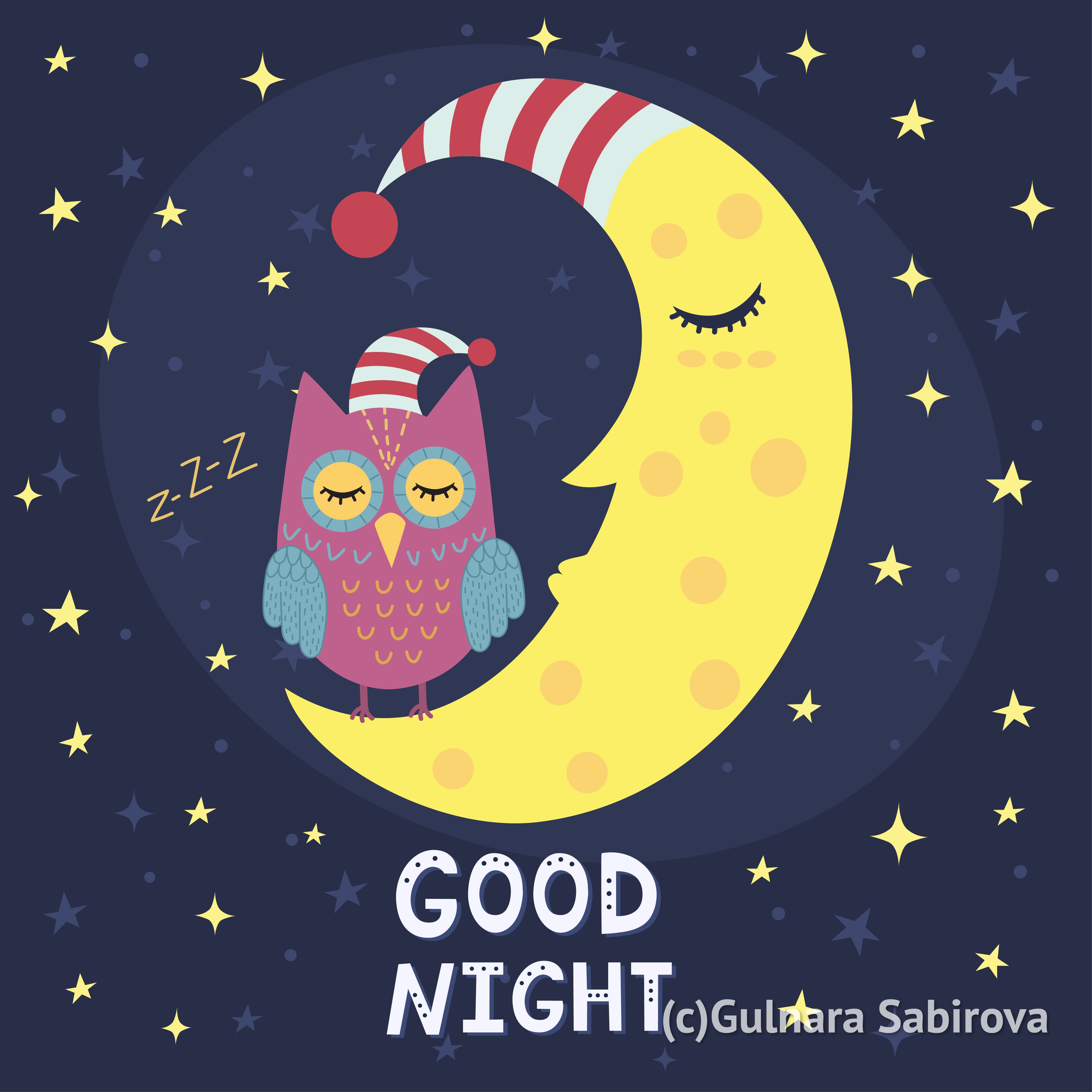Good night card with a cute owl sitting on the moon Sweet dreams illustration