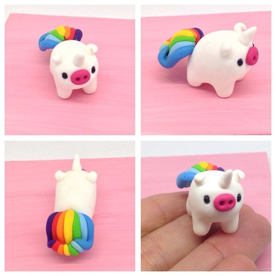 Handmade Polymer Clay Miniatures, Sweet Rainbow Pig Unicorn Figurine, Fairy Tale Legendary Girly Animal With A Colourful Rainbow Tail