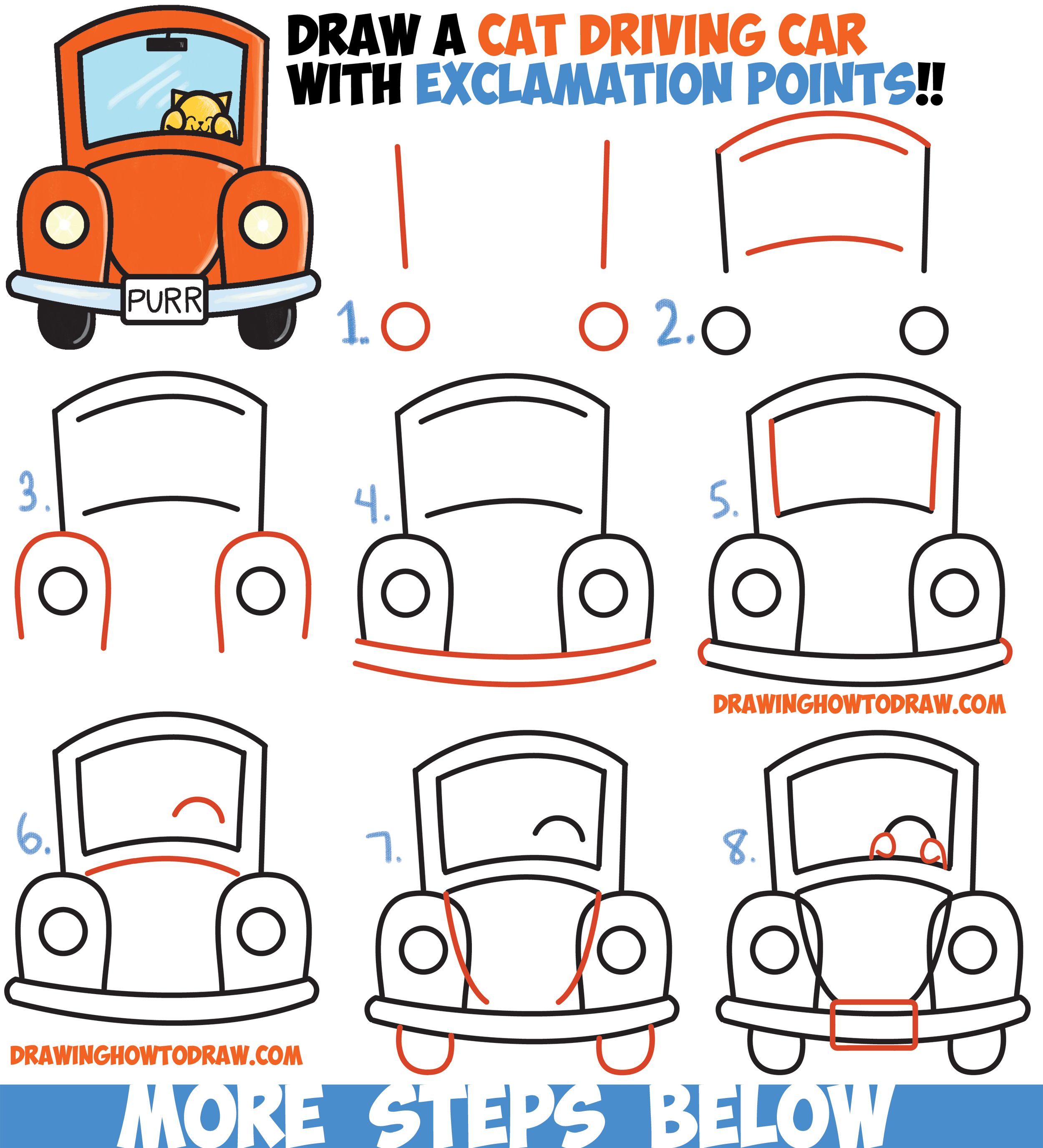 How to Draw Cute Cartoon Cat Driving a Car from Exclamation Points Easy Step by Step Drawing Tutorial for Kids – How to Draw Step by Step Drawing Tutorials