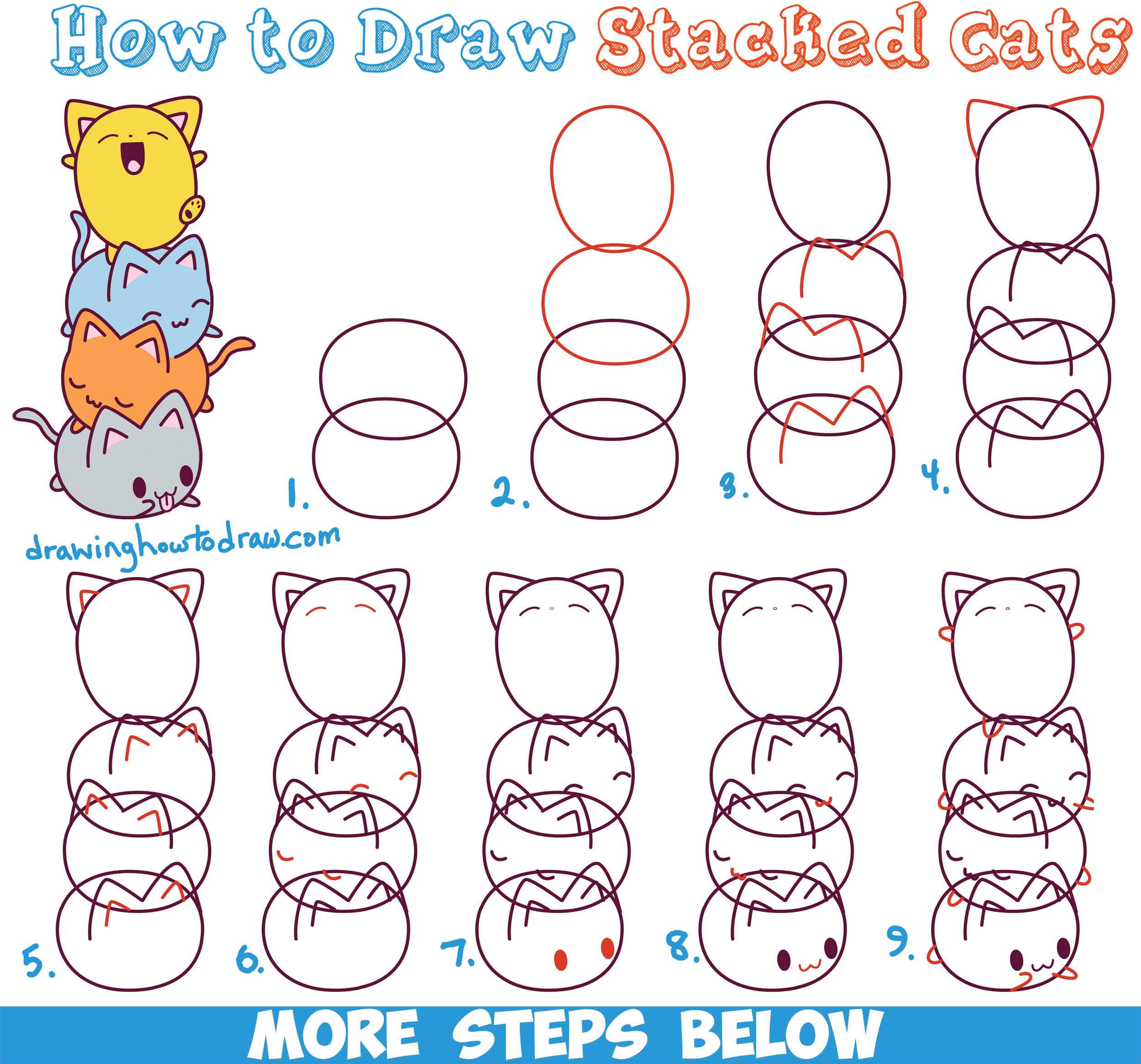 How To Draw Cute Kawaii Cats Stacked On Top Of Each Other - Easy Step By Step Drawing Tutorial For Kids - How To Draw Step By Step Drawing Tutorials