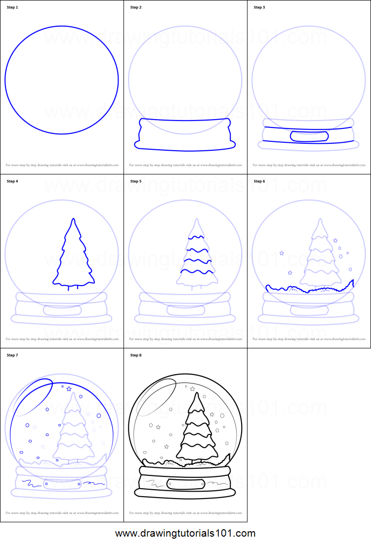 How to Draw Snowglobe with Christmas Tree Printable Drawing Sheet by DrawingTutorials101.com