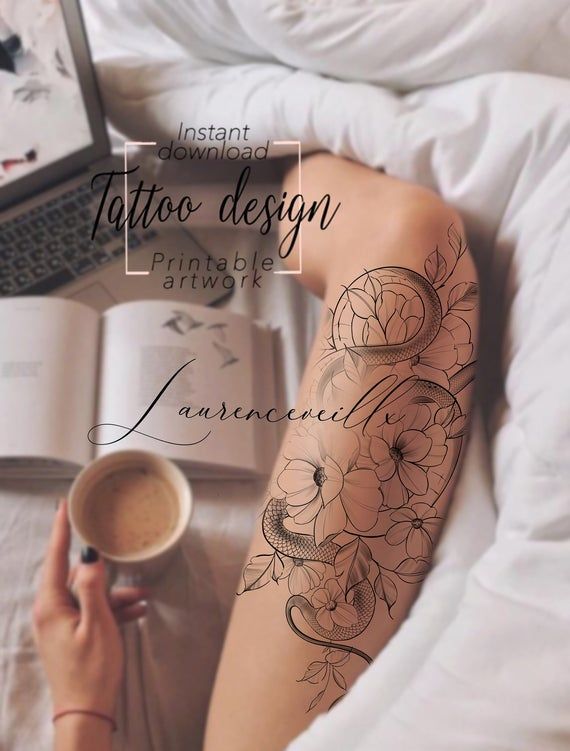 Printable Tattoo Design For Women | Custom Thigh Tattoo Drawing | Feminine Floral Unique Tattoo | Printable Template | Animal Snake Tattoo
