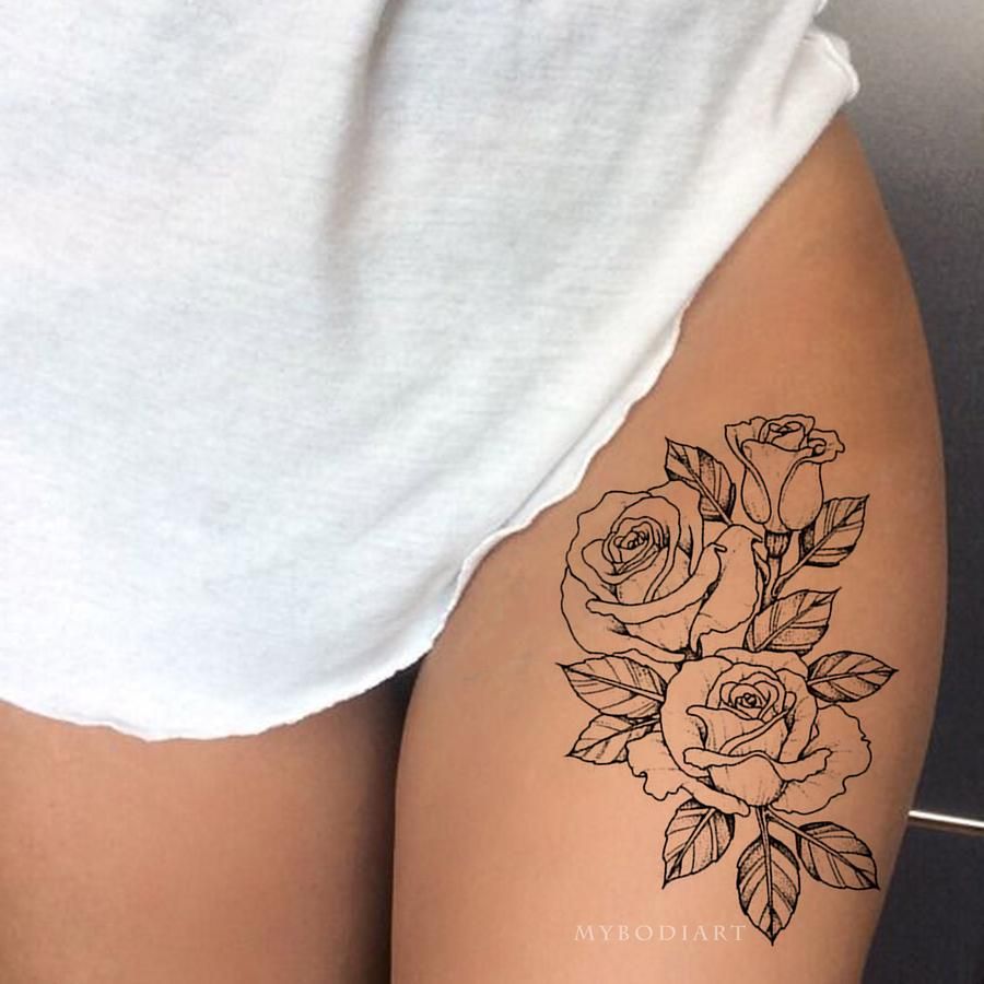 Realistic Rose Outline Black Floral Flower Thigh Side Temporary Tattoo