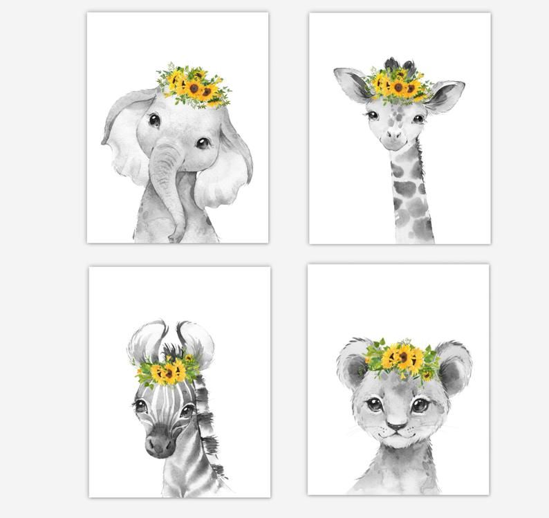 Safari Animals Baby Girl Nursery Wall Art Decor Yellow Sunflowers Floral Elephant Giraffe Lion Zebra