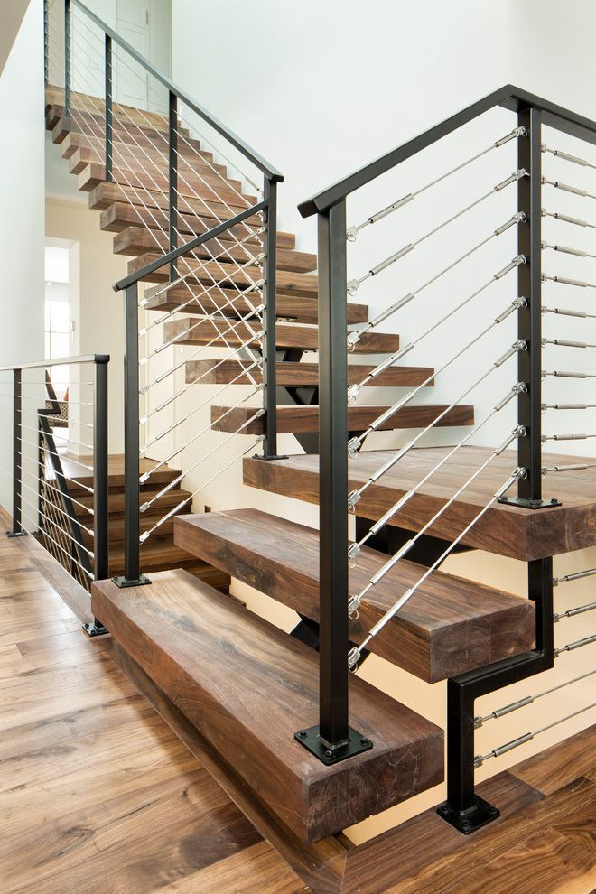 Stair Tread Kit with Contemporary Staircase  and Black and Silver Railing Black Railing Dark Wood Stairs Open Riser