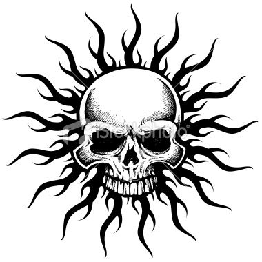 Vector illustration of a hand drawn skull and tribal sun tattoo design