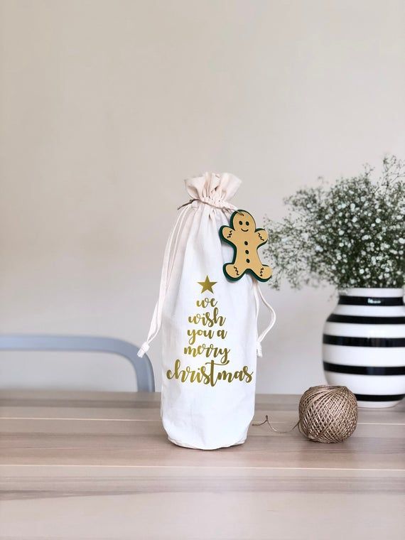 We Wish You A Merry Christmas Wine Gift Bag, Wine Bottle Bag With Gift Tag, Reusable Bottle Bag With