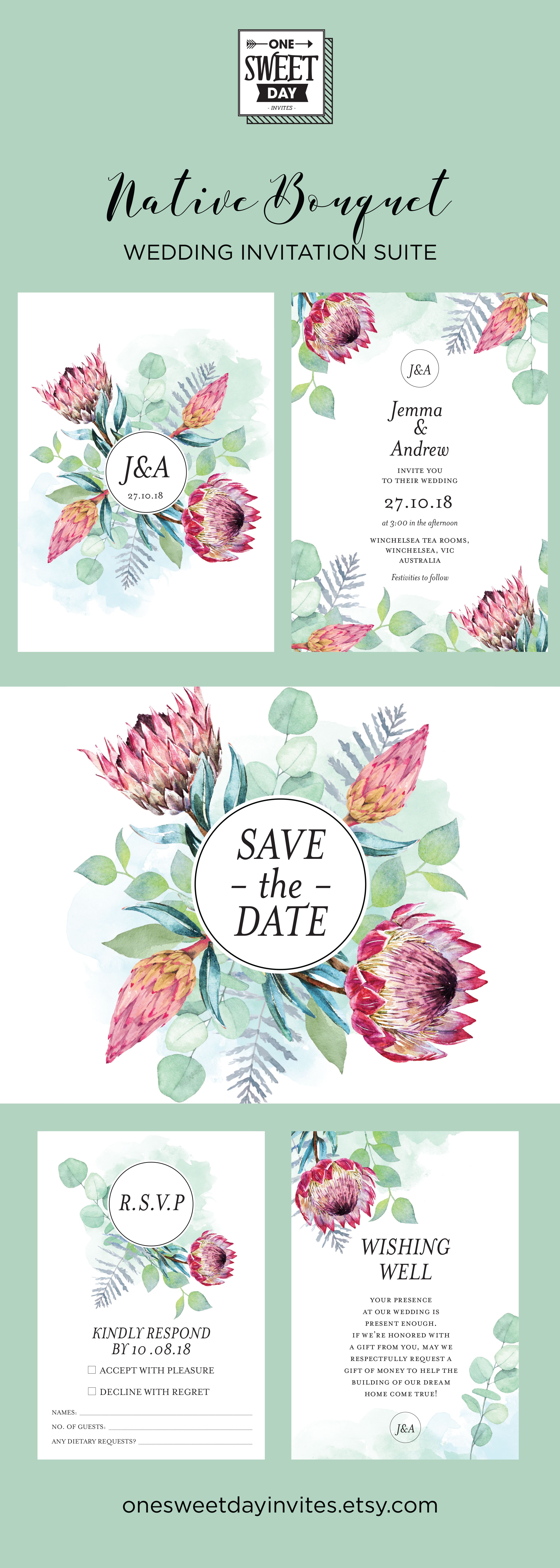 Wedding Invitation Printable Protea Australian Native Flowers Eucalyptus Leaves Watercolour