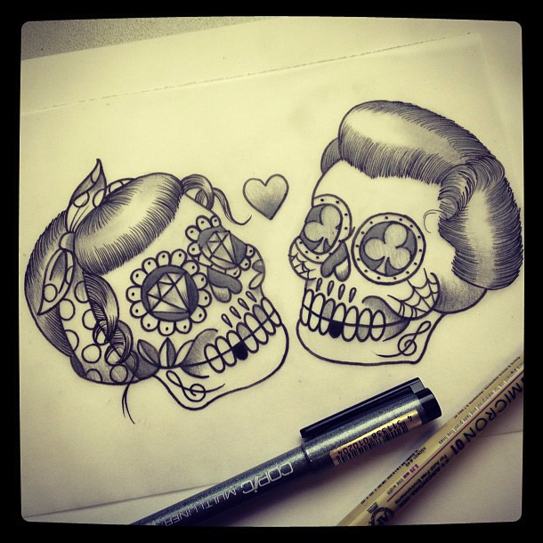 Love Skull Tattoo Chest Piece With Curly Mustache Omg