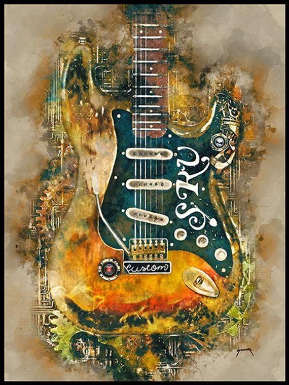 stevie ray vaughan’s steampunk guitar 12×16″- guitar wall art, rock and roll art, electric guitar, music decor, guitar gifts