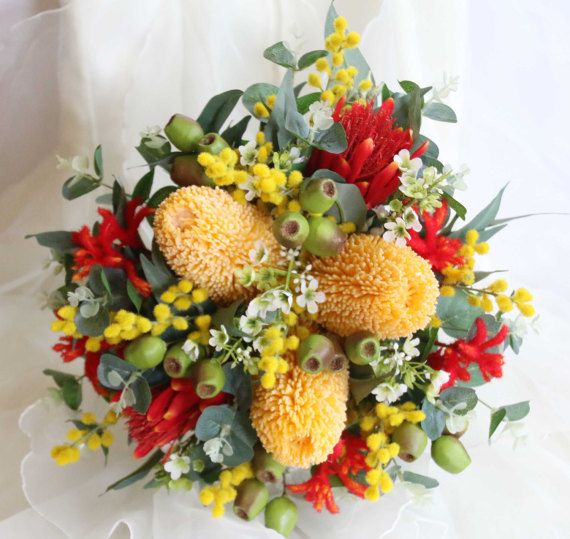 Australian Native Wedding Bouquet Banksia, Kangaroo Paw, Proteas, Wax Flowers, Wattle, Gumnuts, Native Foliage. Red, Orange, Yellow Flowers