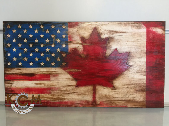 Engraved US American Canada Combo Flag, Hand painted, Rustic Wood Sign, Custom Distressed Sign, Home Wall Decor