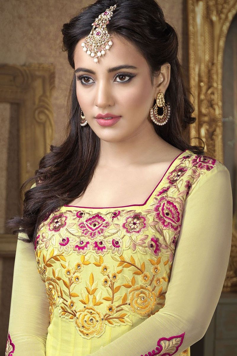 Neha Sharma Stylish Designer Yellow Dress Looking Beautiful Mobile Wallpaper