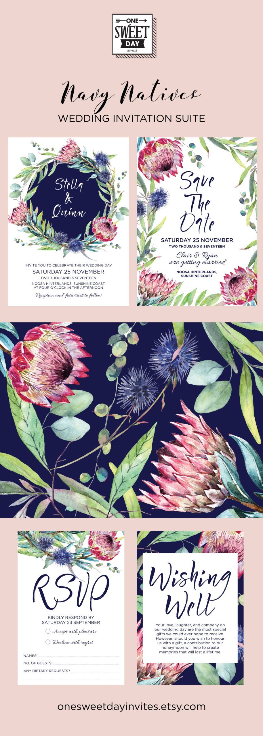 Protea Wedding Invitation Printable, Australian, Eucalyptus Leaves, Gum Leaves, Navy, Native Flowers, Nature, Spring Wedding, pink and navy