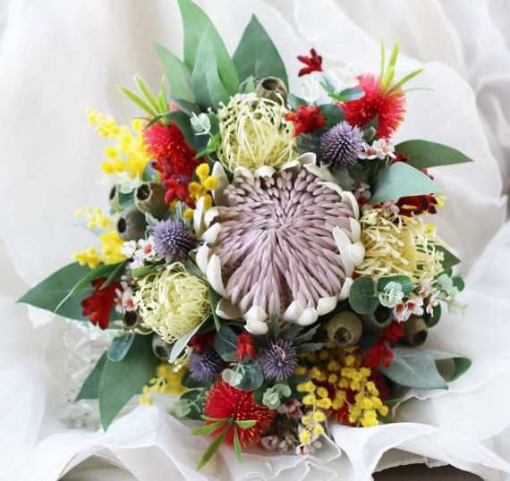 Rustic Native Flower Bouquet. Bride'S Bouquet Of Rustic, Native Flowers. Protea, Banksia, Wattle, Gumnuts. Australian Wedding Flowers.