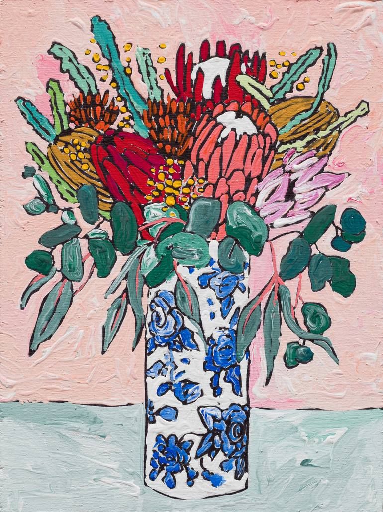 Saatchi Art Artist Lara Meintjes; Painting, “Australian Native Bouquet After Matisse - Pastel Flowers In Delft Vase” #Art