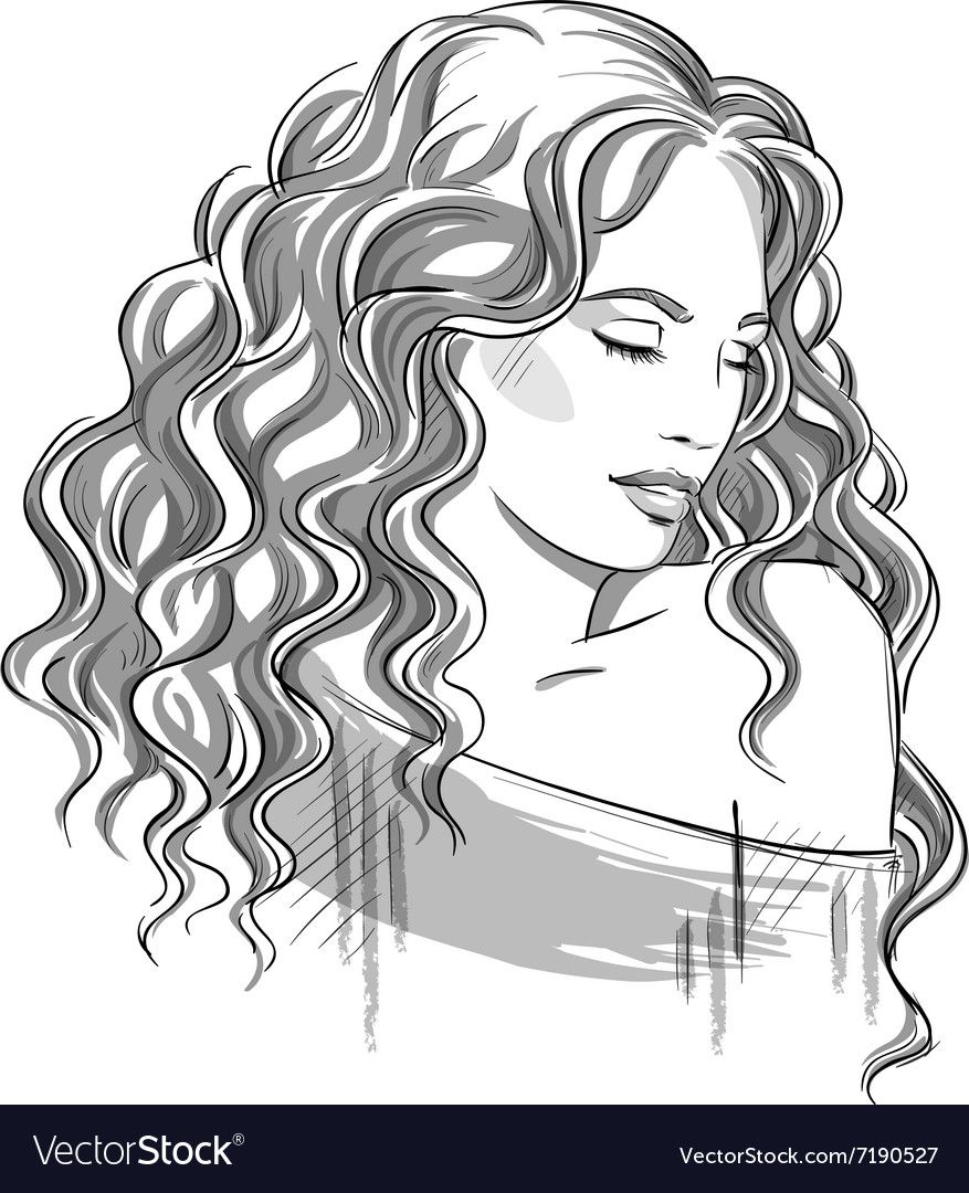 Sketch Of A Beautiful Girl With Curly Hair Vector Image
