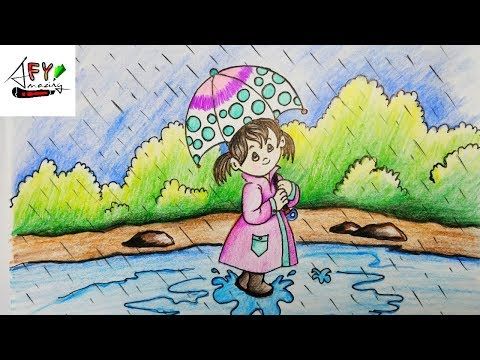 How To Draw Rainy Season Drawing For Kids | How To Draw Girl With Umbrella | Rainy season Drawing